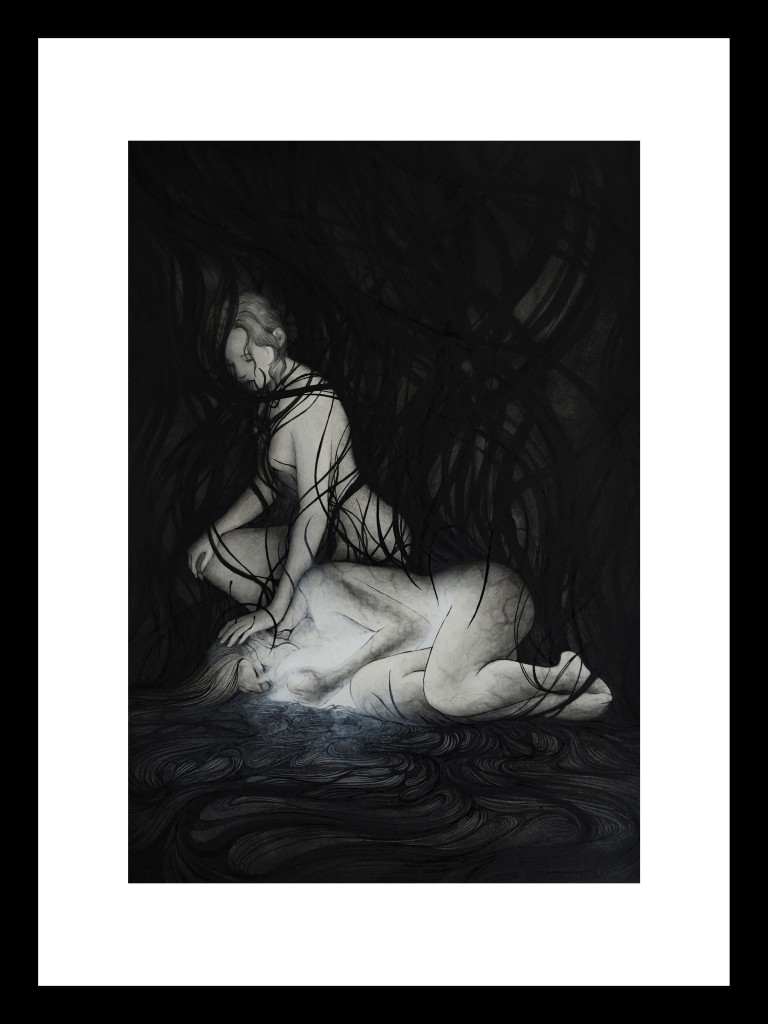 cadre femmes en noir et blanc pleure la mort, deuil chien sombre